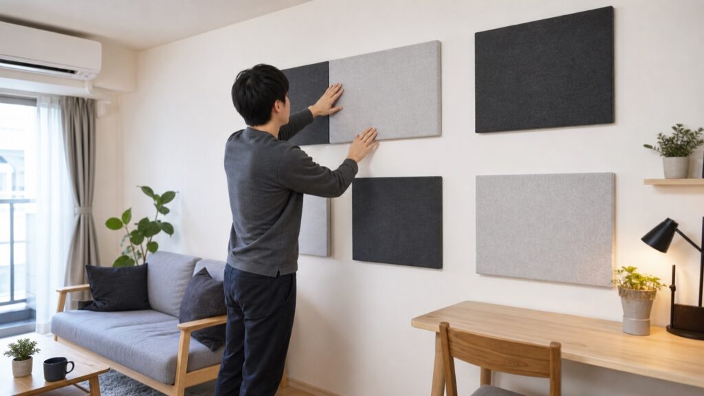 賃貸マンションの壁に吸音パネルを設置するイメージ