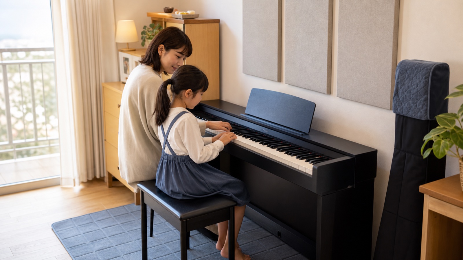 親子で電子ピアノの防音対策に取り組むイメージ