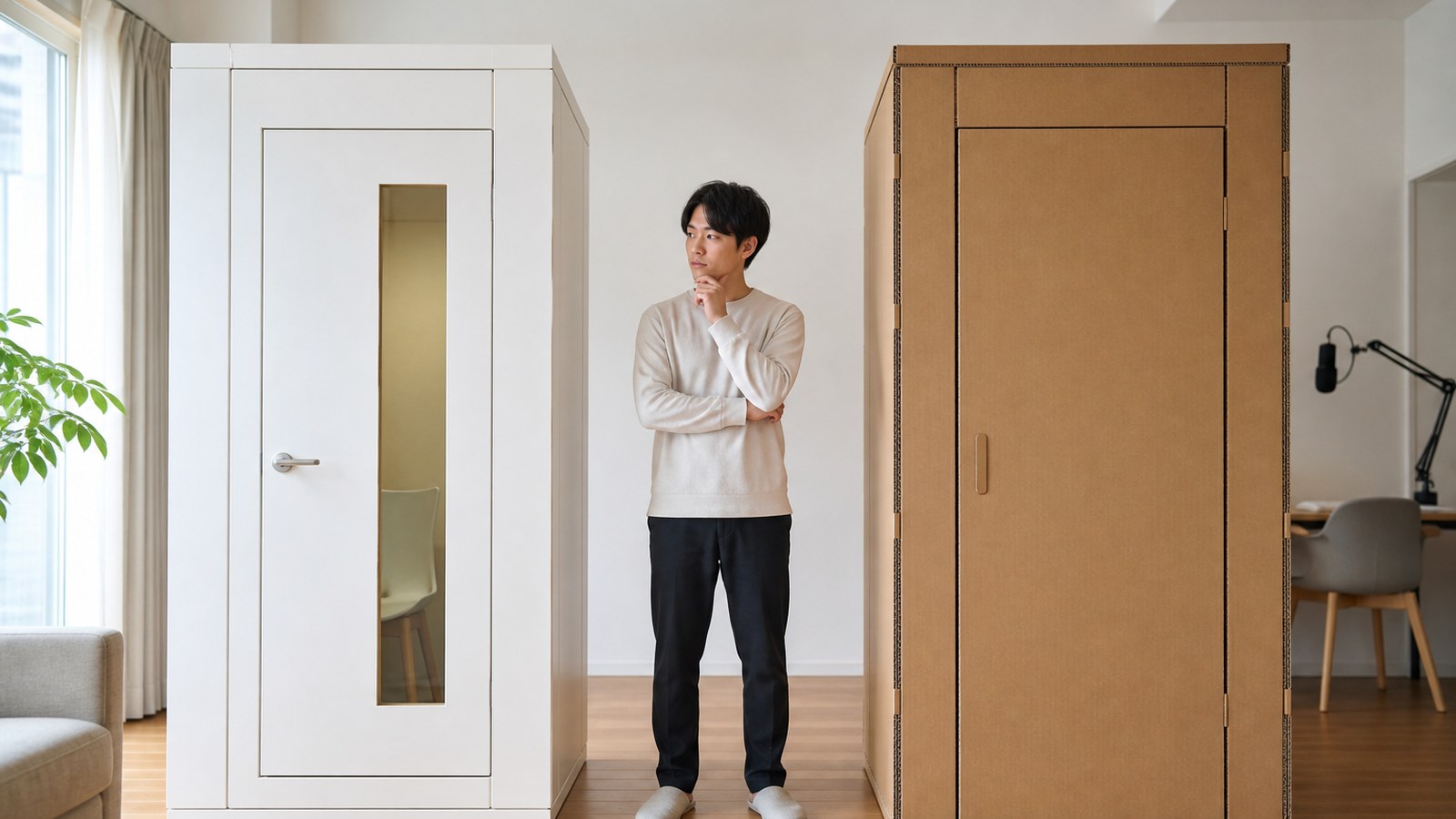 OTODASUとだんぼっちの比較イメージ｜白いパネル式防音室と段ボール製防音室を並べて見比べる様子